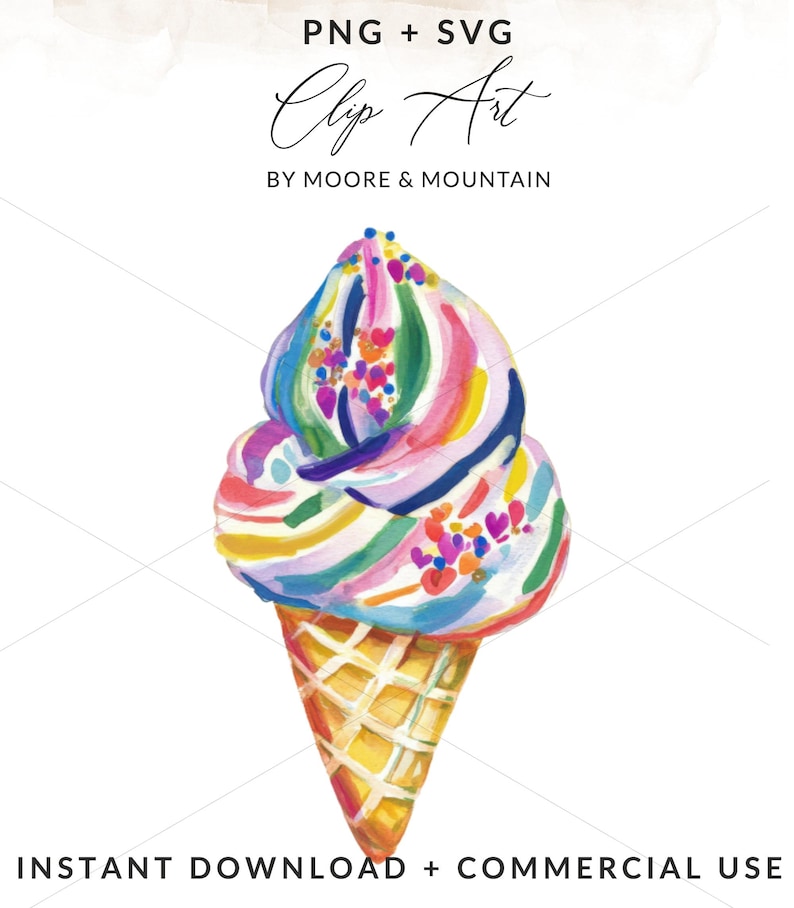 Rainbow Ice Cream Clip Art PNG SVG, Instant Download Clipart, Commercial Use Art, Digital Ice Cream Illustration Graphics
