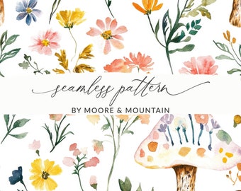 Retro Mushroom Seamless Pattern Watercolor Mushrooms Pattern With Flowers for Commercial Use Mushrooms Cute Pattern