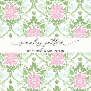 May include: Seamless pattern featuring pink flowers and green foliage on a white background. The design includes the text "seamless pattern" and "BY MOORE & MOUNTAIN". The floral pattern is repeated across the image.
