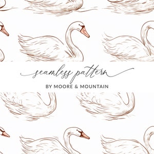 May include: A seamless pattern featuring white swans with brown outlines, swimming on a white background. The text "seamless pattern" and "BY MOORE & MOUNTAIN" is included in the design.
