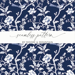 Marineblauwe chinoiserie naadloze achtergrond, blauw en wit oosters bloemen- en takkenpatroon, herhalend Chinees bloemmotiefontwerp