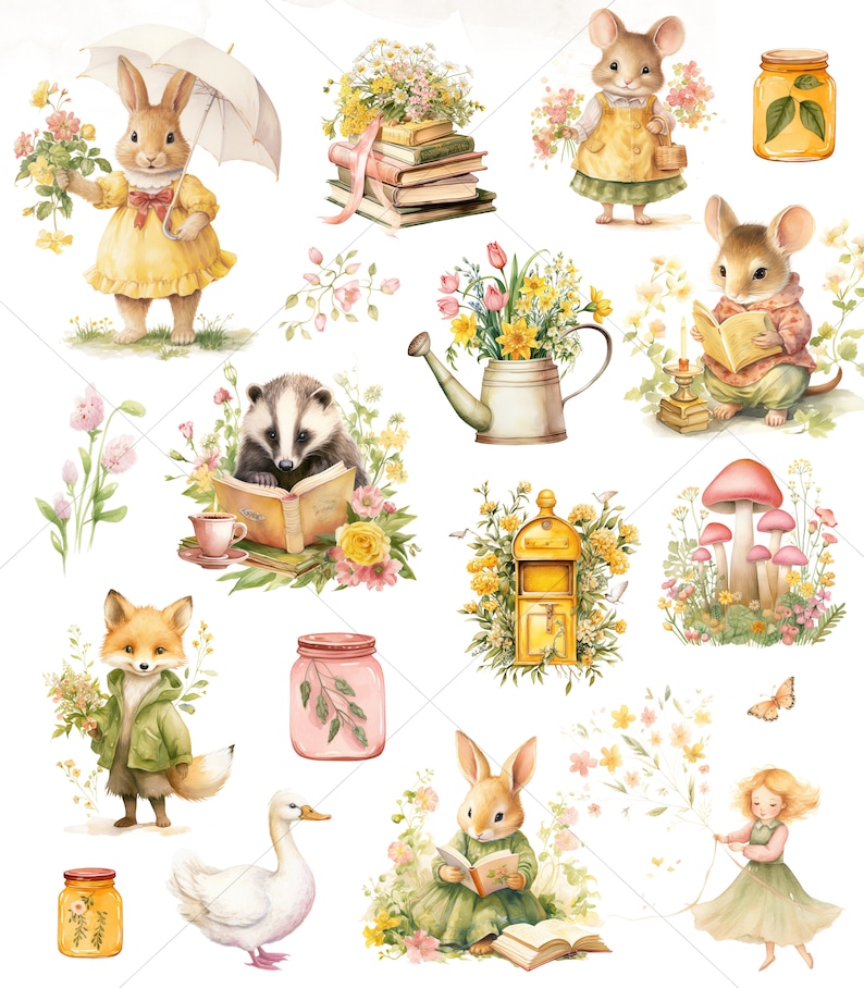 Op de afbeelding: Een aquarel illustratie met verschillende bosdieren, waaronder een konijn, een vos, een das, een muis en een eend. De dieren worden afgebeeld terwijl ze boeken lezen, paraplu's vasthouden en genieten van de buitenlucht. De illustratie bevat ook een verscheidenheid aan bloemen, planten en andere natuur-ge&iuml;nspireerde elementen.