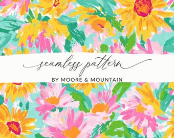 Neon zonnebloem naadloze achtergrondpatroon strandachtig bloemen naadloos strandachtig patroon gele madeliefje preppy bloemen achtergrond zomer preppy patroon