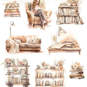 May include: Watercolor illustration of a cozy living room with bookshelves, a sofa, a chair, and a table with a lamp. The illustration features a variety of books, plants, and other decorative elements in shades of brown, beige, and cream.