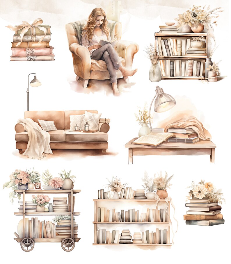 May include: Watercolor illustration of a cozy living room with bookshelves, a sofa, a chair, and a table with a lamp. The illustration features a variety of books, plants, and other decorative elements in shades of brown, beige, and cream.