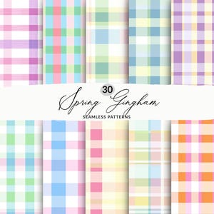 May include: 30 spring gingham seamless patterns in various pastel colours, including pink, blue, green, yellow, and purple. The patterns are perfect for crafting, scrapbooking, and other creative projects.