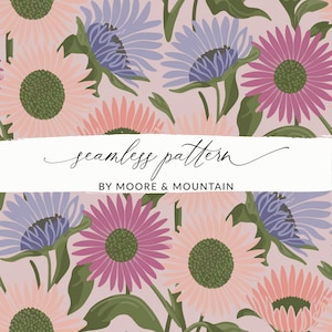 May include: A seamless pattern featuring pink, peach, and purple flowers with green leaves on a light pink background. The text "seamless pattern" and "BY MOORE & MOUNTAIN" is displayed on a white banner.