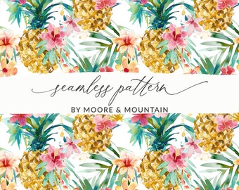 Pineapple Seamless Pattern Tropical Seamless Fruit Pattern, Hawaiian Pineapple Digital Background Pattern Gold Pineapple Repeating Pattern