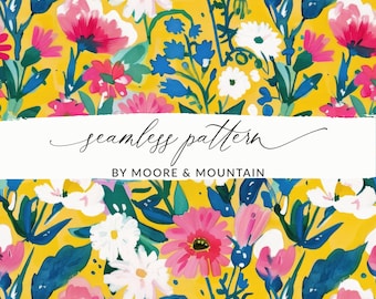 Yellow Painted Floral Pattern Seamless Pink and Yellow Fine Art Floral Background Pattern, Acrylic Floral Pattern, Spring Flowers Pattern