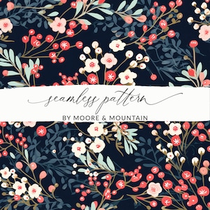 Dark Winter Berries Seamless Pattern Dark Winter Digital Paper PNG Download, Whimsical Christmas Berries Background Commercial Use