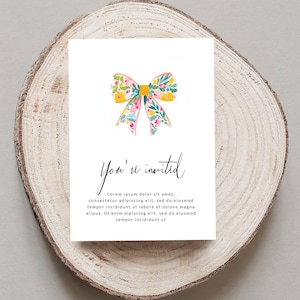 Floral Bow Invitation Card, You're Invited Greeting, Colorful Party Invites, Handmade Stationery, Personalized Event Cards
