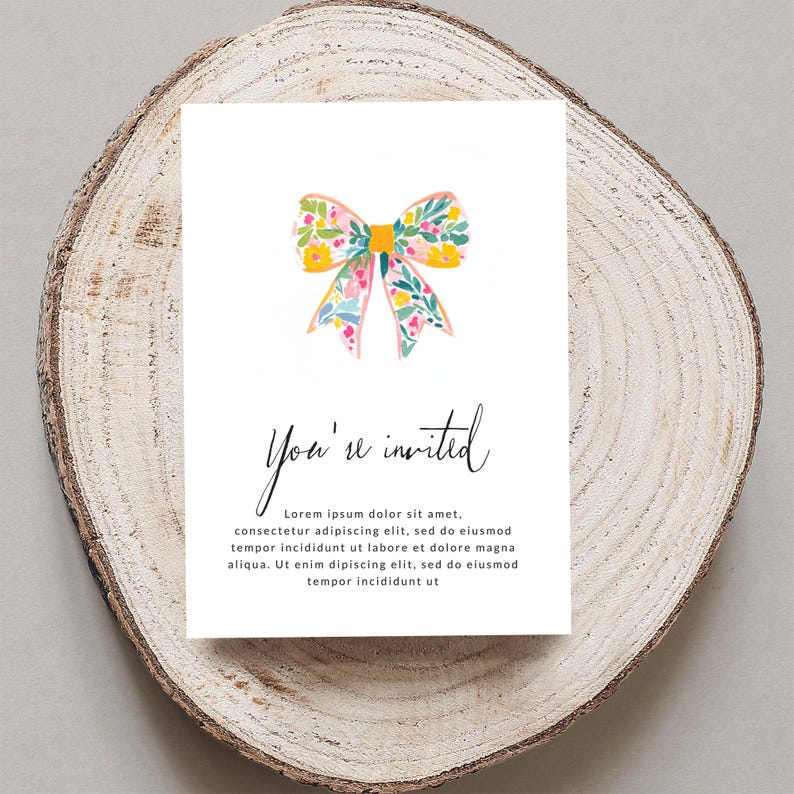Floral Bow Invitation Card, You're Invited Greeting, Colorful Party Invites, Handmade Stationery, Personalized Event Cards