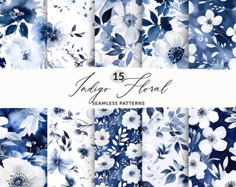Seamless Designs White and Navy Floral Patterns, Seamless Indigo Floral Pattern, Indigo Watercolor, Seamless Navy Blue Watercolor Flowers