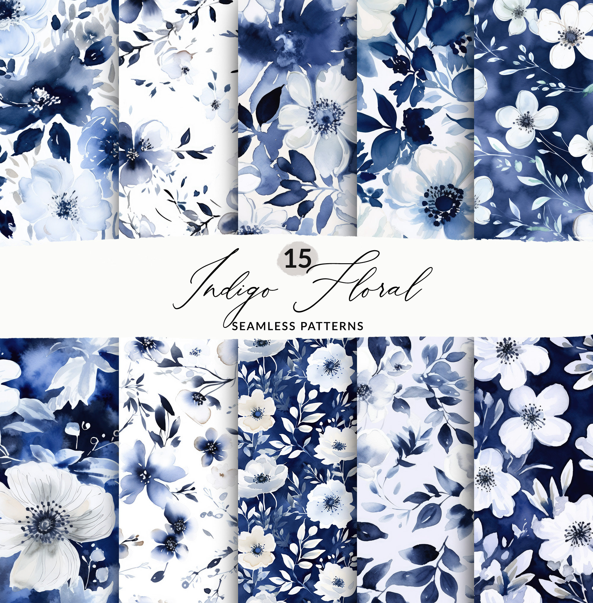 Seamless Designs White and Navy Floral Patterns, Seamless Indigo Floral ...