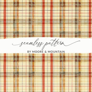 May include: Seamless pattern featuring a plaid design in shades of beige, brown, and red. The pattern is repeated throughout the image. The text "seamless pattern" and "BY MOORE & MOUNTAIN" is displayed in the center of the image.