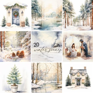 Winter Watercolor Landscapes, Watercolor Landscapes, Watercolour Landscapes Clipart, Winter Scene, Winter Clipart, INSTANT DOWNLOAD
