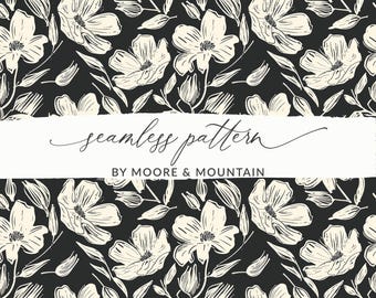 Black and White Sketched Floral Pattern Seamless White Floral Background Modern Flowers Pattern Mod Floral, Contemporary Fashion Print