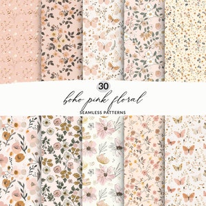 Op de afbeelding: 30 naadloze patronen met een boho roze bloemenontwerp. De patronen bevatten vlinders, bloemen en bladeren in tinten roze, wit en goud.
