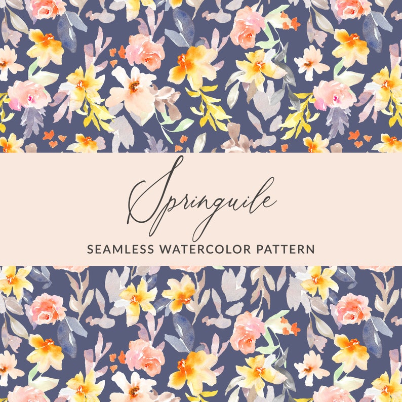 Navy Blue Watercolor Floral Seamless Pattern, Seamless Hand Painted ...
