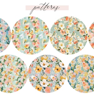 May include: Eight different floral patterns in a circle shape. The patterns are all on a light blue background with white, pink, and yellow flowers.