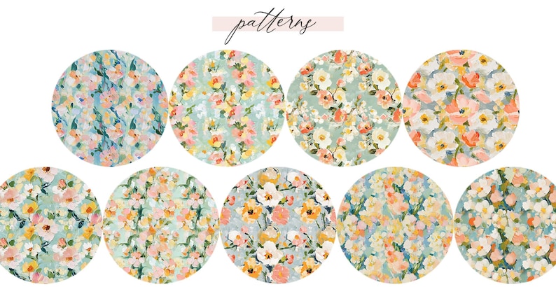 May include: Eight different floral patterns in a circle shape. The patterns are all on a light blue background with white, pink, and yellow flowers.