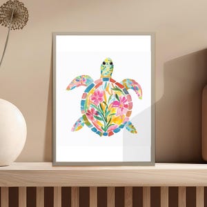 Floral Turtle Art Print, Colorful Turtle Wall Decor, Sea Life Animal Poster, Ocean Themed Artwork, Beach House Decoration, Coastal Art