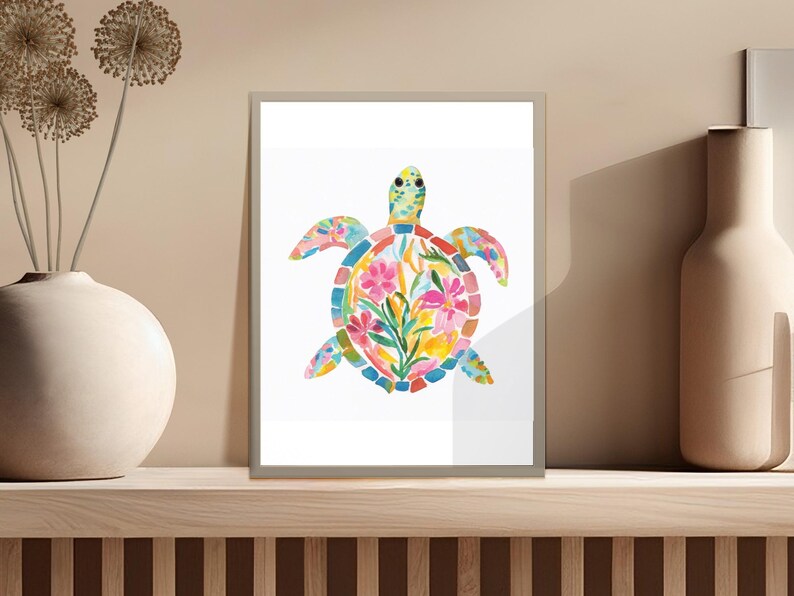 Floral Turtle Art Print, Colorful Turtle Wall Decor, Sea Life Animal Poster, Ocean Themed Artwork, Beach House Decoration, Coastal Art