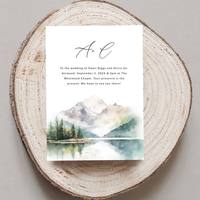May include: A wedding invitation with a watercolor illustration of a mountain range and a lake. The text reads "A + L" and "To the wedding of Owen Biggs and Alicia Underwood. September 4, 2024 @ 2pm at The Westwood Chapel. Your presence is the present. We hope to see you there!"