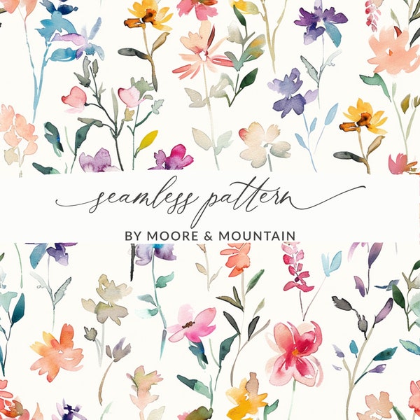 Loose Watercolor Painted Flower Petals Seamless Pattern, Wet Watercolor Florals Background, Spring Botanical Floral Seamless Pattern