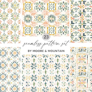 Op de afbeelding: Een verzameling van 23 naadloze patronen in aquarel stijl. De patronen tonen bloemen en geometrische ontwerpen in groen, geel en roze tinten op een witte achtergrond. De tekst "seamless pattern set" en "by Moore & Mountain" is zichtbaar.