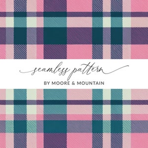 May include: A seamless pattern featuring a plaid design in shades of pink, teal, cream, and purple. The pattern is repeated throughout the image.