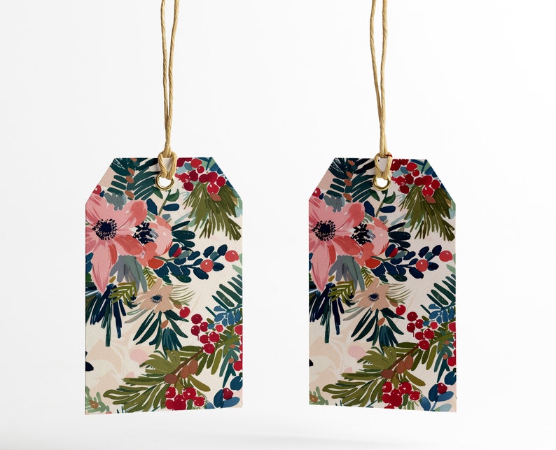 May include: Two floral gift tags with a white background and a colorful floral pattern. The tags are tied with twine and have a gold metal eyelet.