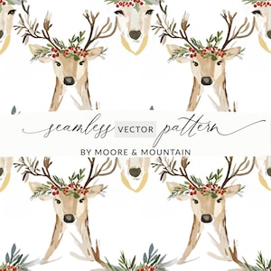 Patrón digital sin costuras de reno de acuarela vectorial, fondo de cabeza de ciervo navideño, impresión en papel festivo, diseño de tela, archivos EPS y SVG