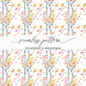 Op de afbeelding: Naadloos patroon met berken en herfstbladeren in geel, oranje en roze tinten. De tekst "seamless pattern" en "BY MOORE & MOUNTAIN" is ook zichtbaar.