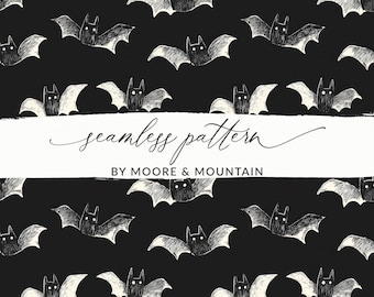 Cute Bat Digital Paper, Halloween Pattern, Spooky Seamless Halloween File, Spooky Season Seamless Black Bat Illustration, JPEG