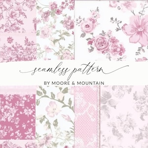 May include: A collection of seamless floral patterns in shades of pink and white. The designs feature roses and other flowers, with the text "seamless pattern" and "BY MOORE & MOUNTAIN".