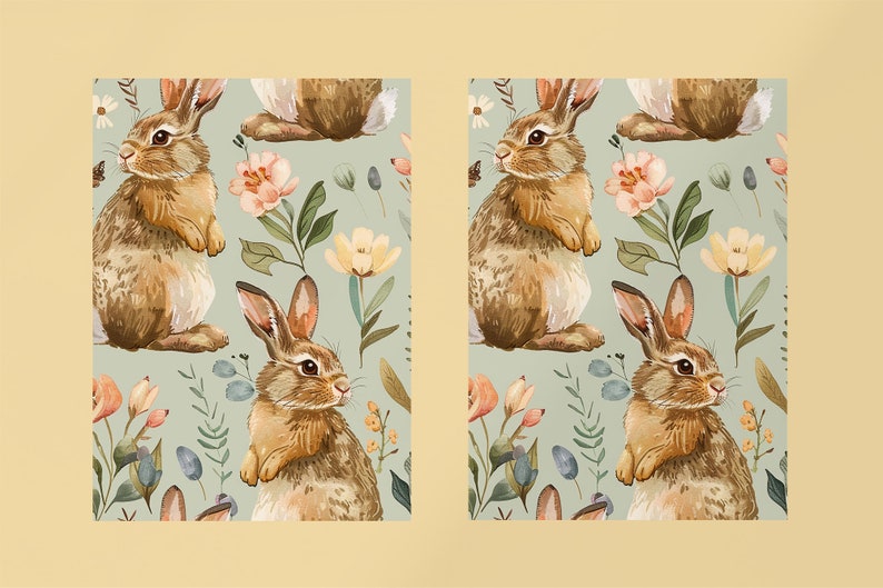 May include: A seamless pattern featuring watercolor illustrations of brown rabbits and delicate flowers in shades of pink, yellow, and green on a light blue background.