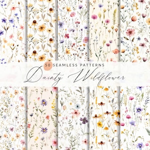 50 Dainty Wildflower Patterns, Wildflower Seamless Patterns Set, Wildflower Digital Paper, Seamless Wildflower Backgrounds