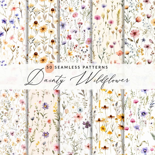 50 Zierliche Wildblumen Muster, Wildblumen Nahtlose Muster Set, Wildblumen Digitales Papier, Nahtlose Wildblumen Hintergründe