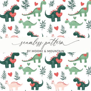 May include: A seamless pattern featuring green, pink, and red dinosaurs holding hearts. The background is white with green leaves and red hearts.
