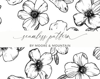 Seamless Line Art Flowers Pattern, Handdrawn Black Flower Pattern, Line Art Floral Background, Sublimation INSTANT DOWNLOAD, Commercial Use