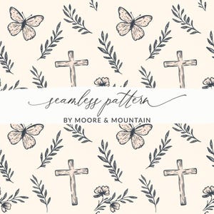 May include: A seamless pattern featuring butterflies, crosses, floral sprigs, and flowers in a repeating design. The text "seamless pattern" and "BY MOORE & MOUNTAIN" are also included. The color palette is soft, with cream, beige, and dark gray tones.