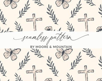 Christian Cross Digital Paper, Butterfly Flower Pattern, Girls Religious Background, Easter Digital Pattern, Simple Cross Seamless