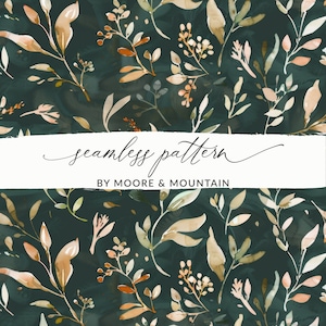 Puede incluir: Patrón sin costuras con un diseño de acuarela de ramas y hojas delicadas en tonos marrones, beige y verdes sobre un fondo verde oscuro. El texto "seamless pattern" y "by Moore & Mountain" se muestra en una pancarta blanca.