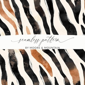 Puede incluir: Patrón sin costuras con rayas abstractas tipo cebra en negro, marrón y beige sobre un fondo blanquecino. Se muestra el texto "seamless pattern" y "BY MOORE & MOUNTAIN".