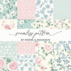 May include: A seamless pattern design featuring floral arrangements in shades of pink, blue, and white on a light background. The text "seamless pattern" and "BY MOORE & MOUNTAIN" are displayed in a script font.