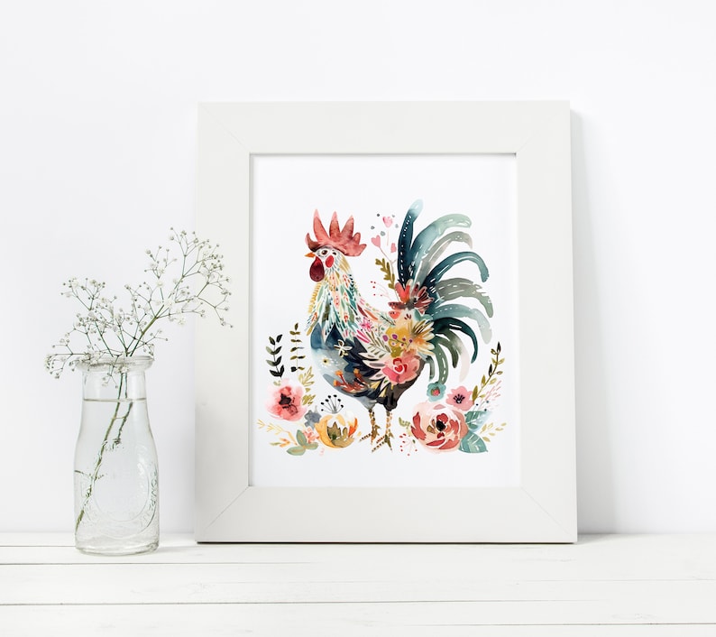 May include: A watercolor painting of a rooster with a colorful floral design. The rooster is standing on a bed of flowers with a blue, green, and red color scheme.