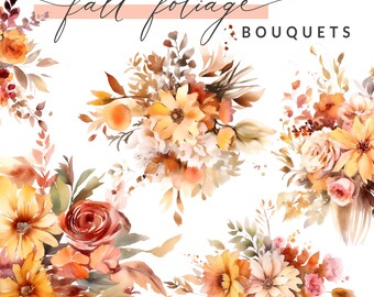 Fall Floral Clipart, Watercolor Autumn Florals, Autumn Flower Bouquets, Watercolor Fall ClipArt Bouquets, PNG INSTANT DOWNLOAD