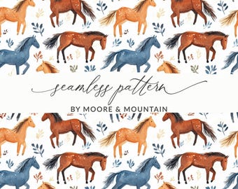 Watercolor Horse Seamless Pattern, Farmhouse Animal Print (Digital Download)