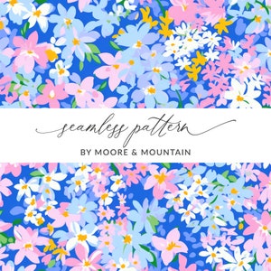 Artistic Gouche Background, Acrylic Painted Background Pattern, SEAMLESS Blue Ditsy Flowers Background Pattern, Commercial Use, Cute Daisy